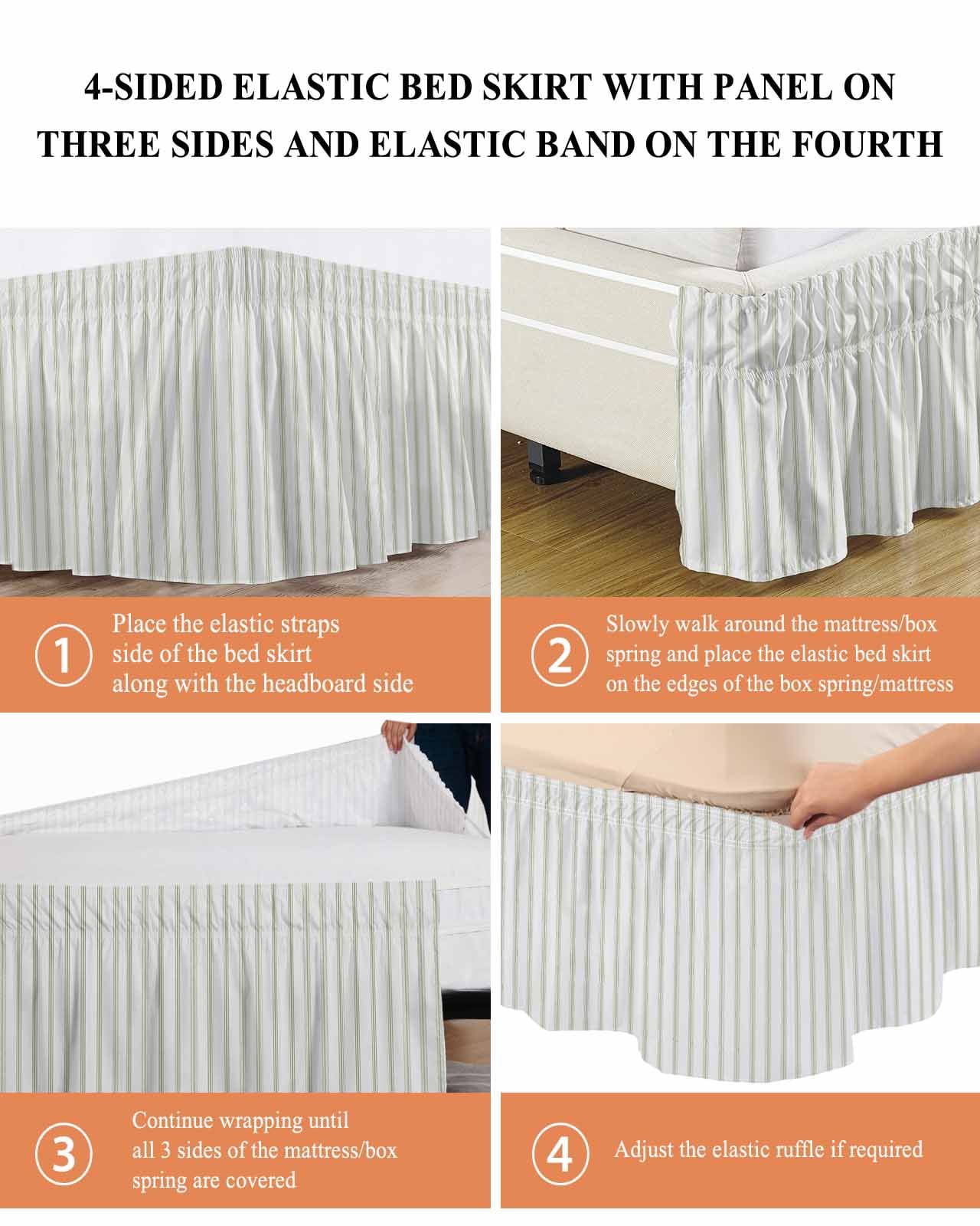 Sage Green Striped Wrap Around Bed Skirts for Queen Bed 18" Drop,Bed Skirt with Adjustable Elastic Belt Dust Ruffle Bed Valance for Bedroom Hotel Sage Green White Stripes Farmhouse Bed Frame Cover