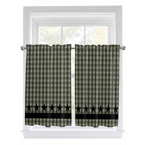 Tier Curtains 45 Inches Long, Sage Green Black Plaid Window Treatment Curtain Drapes, Vintage Star Buffalo Check Rustic Window Half Privacy Curtains for Bedroom Bathroom, 42"x45", 2 Panels