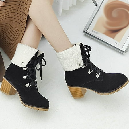 Tawop Hiking Boots  Shoes Solid Color Casual Fashion Square High Heels Wear-Resistant Lace-Up Pointed Warm Thick Fleece Suede Snow Ankle Boots Hiking Boots Women Boots For Women