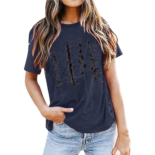 Hauts d'Été pour Femmes Couleur Unie Col Rond Basique Imprimé Manches Courtes T-Shirts Décontractés pour Femmes Marine L