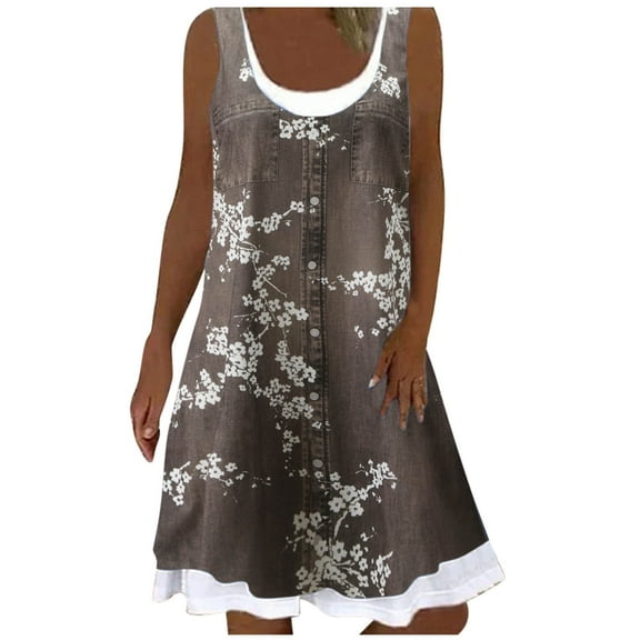 BKQCNKM Sundresses for Women Floral Dress for Women Long Beach Casual Dress Maxi Loose Floral Printing Sleeveless Dress Plus Size Dress Brown L