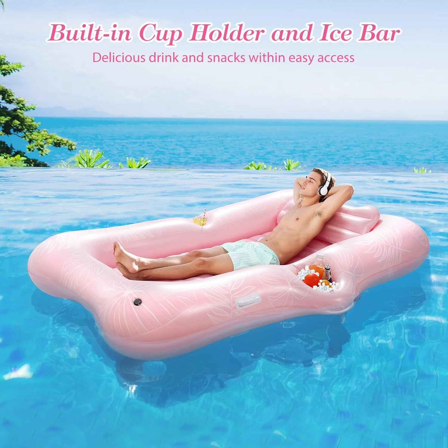 Pool Floats Adult, Large Floating Bed with Ice Bar, Tanning Bed Pool Raft Inflatable Lounger with Drink Holder Tanning Chair Inflatable Pool Toys for Party Beach Backyard