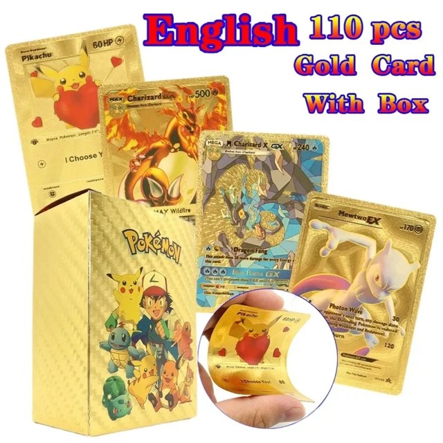 Tarjeta de papel de aluminio dorado colorido de Pokémon, Charizard, Pikachu, Arceus, plata, negro, arcoíris, inglés, francés, alemán, español, VSTAR GX, VMAX