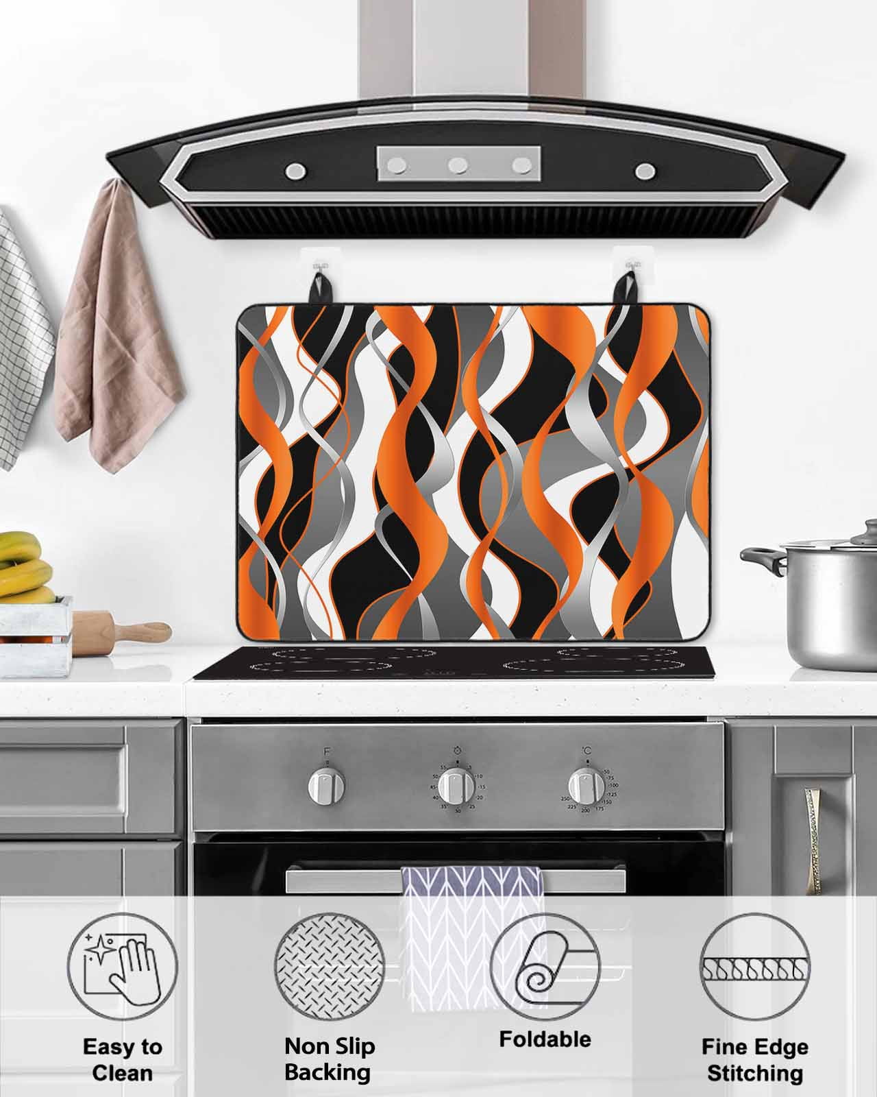 nqOlkjepod Large Induction Cooktop Protector Mat 24"x21", Abstract Stripes Stove Top Covers for Electric Stove, Retro Modern Orange Black Gray Lines Stove Burner Cover Mats, Glass Top Stove Cover