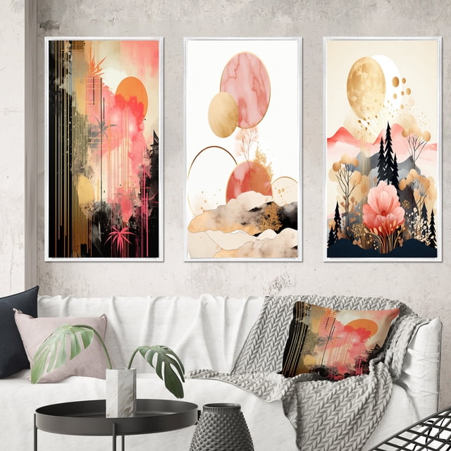 Designart "Pastel and Gold Boho Chic Serenity II" Modern Geometric Framed Wall Art Set Of 3 - Pink Abstract Frame Gallery Wall Set For Home Decor
