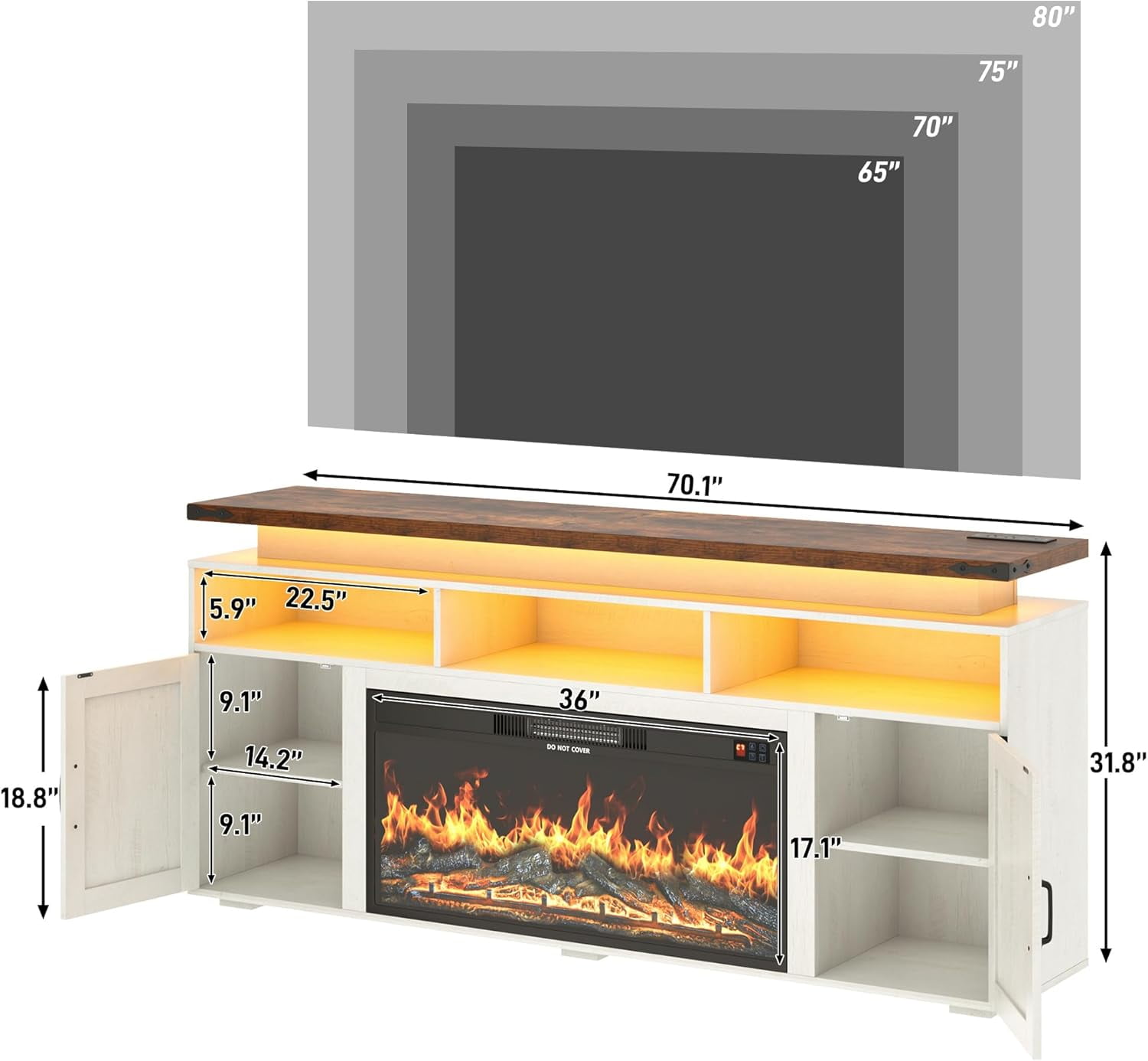 ChVans 70.8" Farmhouse Fireplace TV Stand for TVs up to 80" with 36" Electric Fireplace, 32" Tall Entertainment Center with Power Outlet/LED Lights, Media Console w/Sliding Barn Door for Living Room