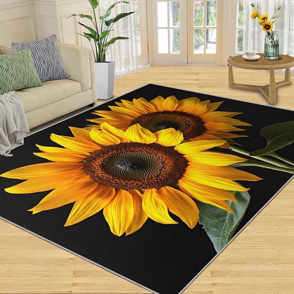 Sunflower Rugs for Living Room, Yellow Flowers Rug, Spring Floral Washable Rugs for Bedroom, Low Pile & Non Slip, Indoor Carpet, Area Rug & Home Decor 4 x 5ft