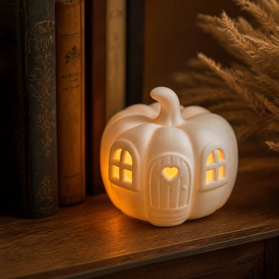QLUEWX Halloween LED Pumpkin House Decorations, 3.5" Glowing Resin Pumpkin House Table Decor, Fall Warm Light Jack-O-Lantern for Home Indoor Tabletop Mantel Shelf Party Halloween Decor