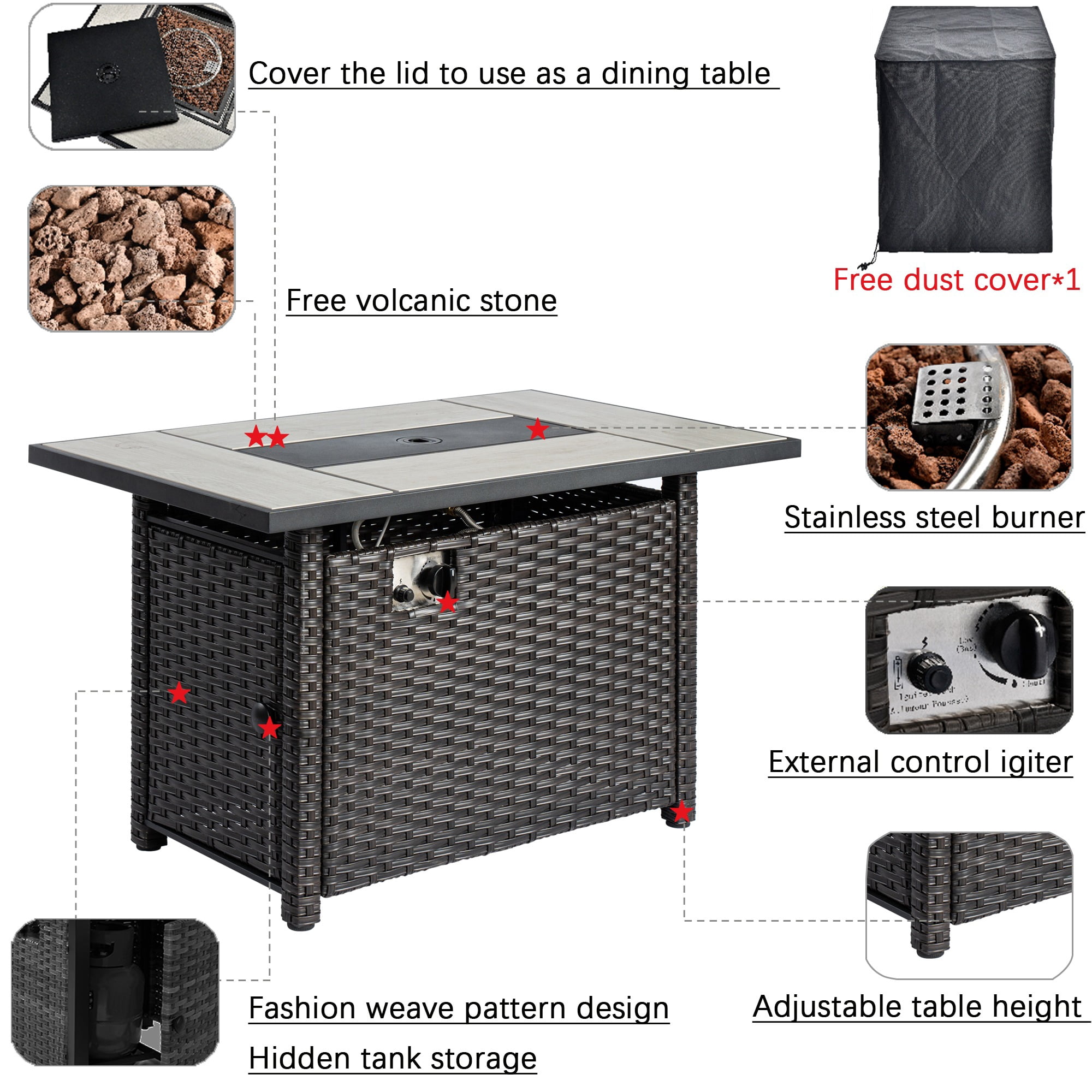 Ovios Outdoor Wicker Propane Fire Pit Table 42-Inch 50,000 BTU Flame Gas Fire Pits for Patio with Waterproof Cover & Lid Rectangle