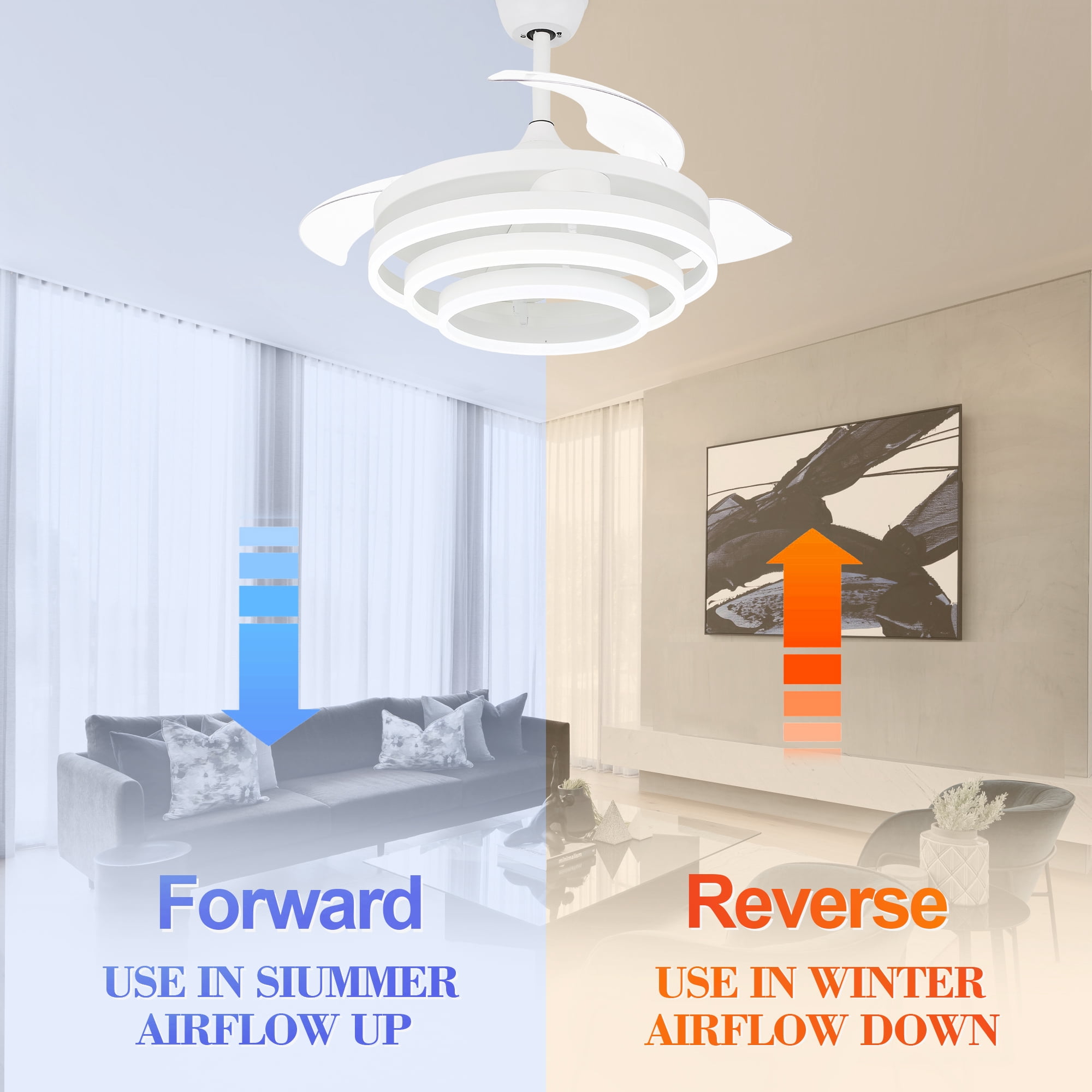 42" White Retractable Ceiling Fan with LED Light and Remote Control , DIY Shape Reversible Ceiling Fan with 6-Speeds