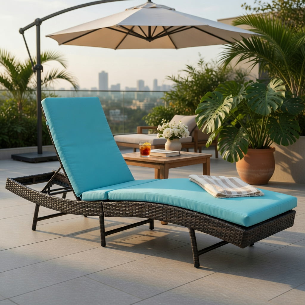 Hommoo Adjustable Folding Rattan Chaise Lounge Chair with Removable Cushion, Outdoor Patio, Poolside & Deck Lounger, Turquoise