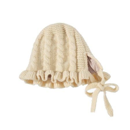 

YWDJ 0-3Years Toddler Kids Boy Girl Solid Color Lace Ruffled Warm Knitted Hat Winter Knit Kids Cute Hat Beige
