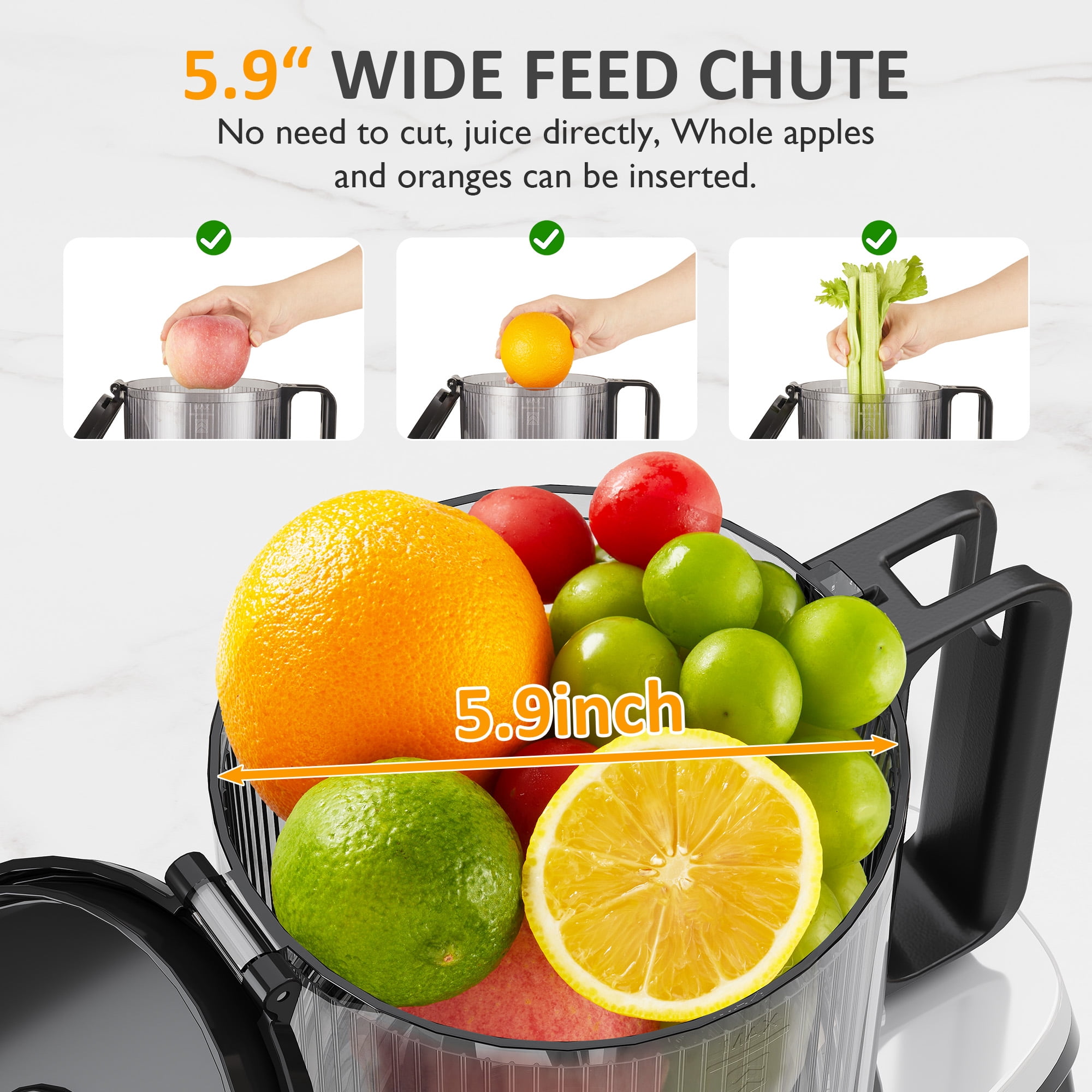 May in Color Slow Cold Press Juicer 5.9" Wide Feed Chute Masticating Juice Extractor - Black