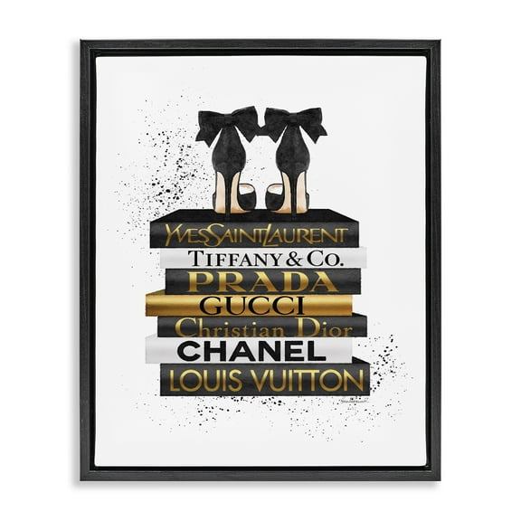 Stupell Industries Black Gold White Glam Bookstack Beauty & Fashion Painting Black Floater Framed Canvas Art Print Wall Art, 17 x 21