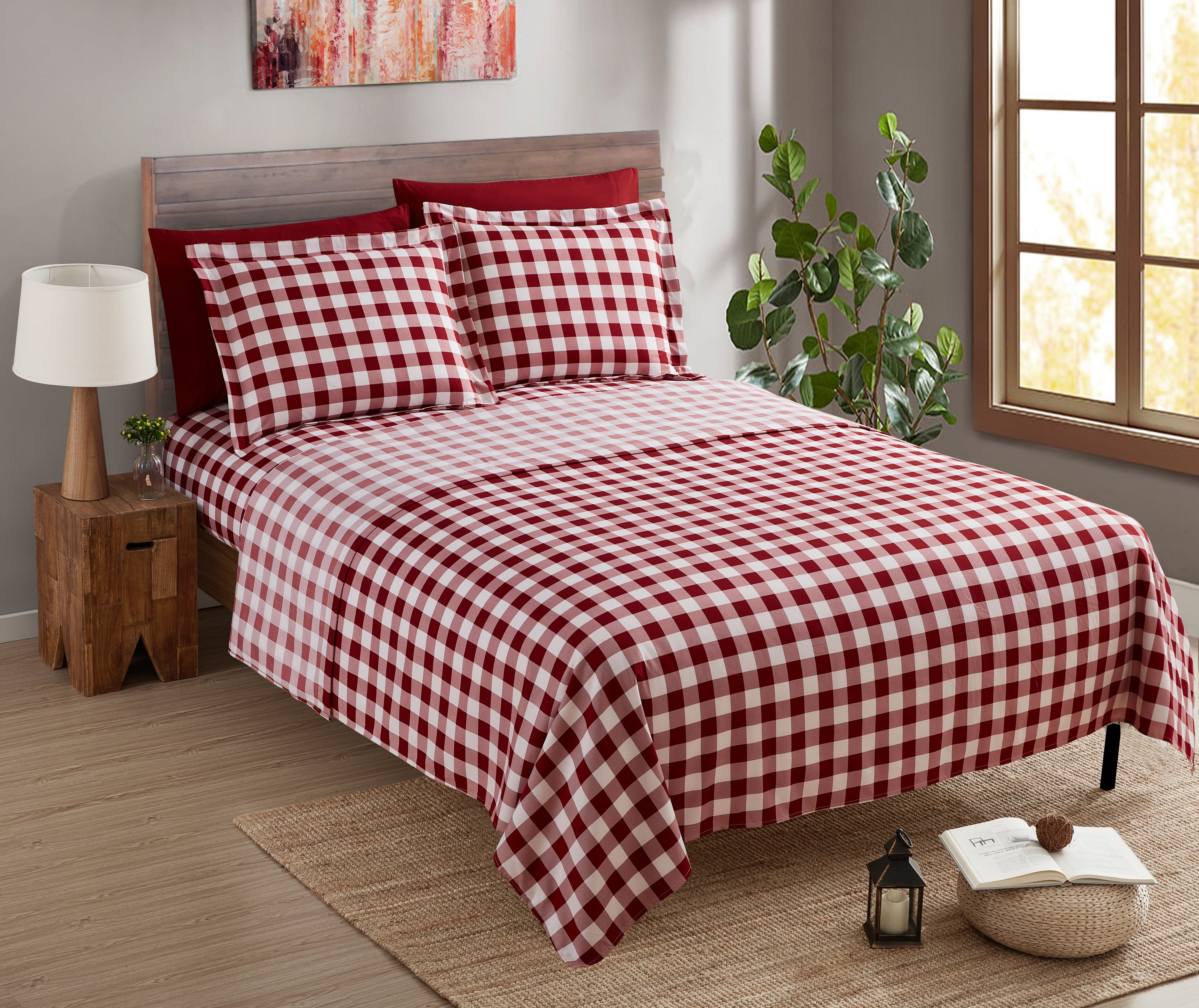Clara Clark Printed Twin Sheet Set - Shrinkage and Fade Resistant- 6 Piece Soft Deep Pocket Bed Sheets - 1 Fitted Sheet, 1 Flat Sheet, 1 Pillowcases and 1 Pillow Shams - Twin, Checker Red