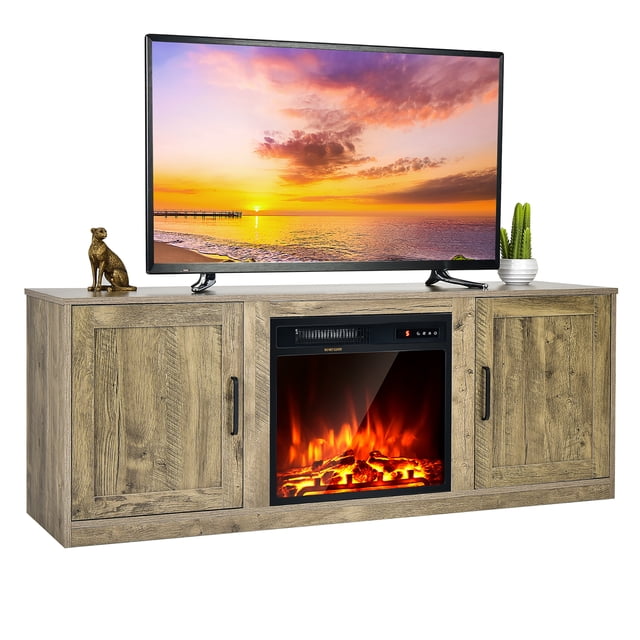 Costway 58" Fireplace TV Stand Entertainment Console W/ 18" Electric Fireplace Natural
