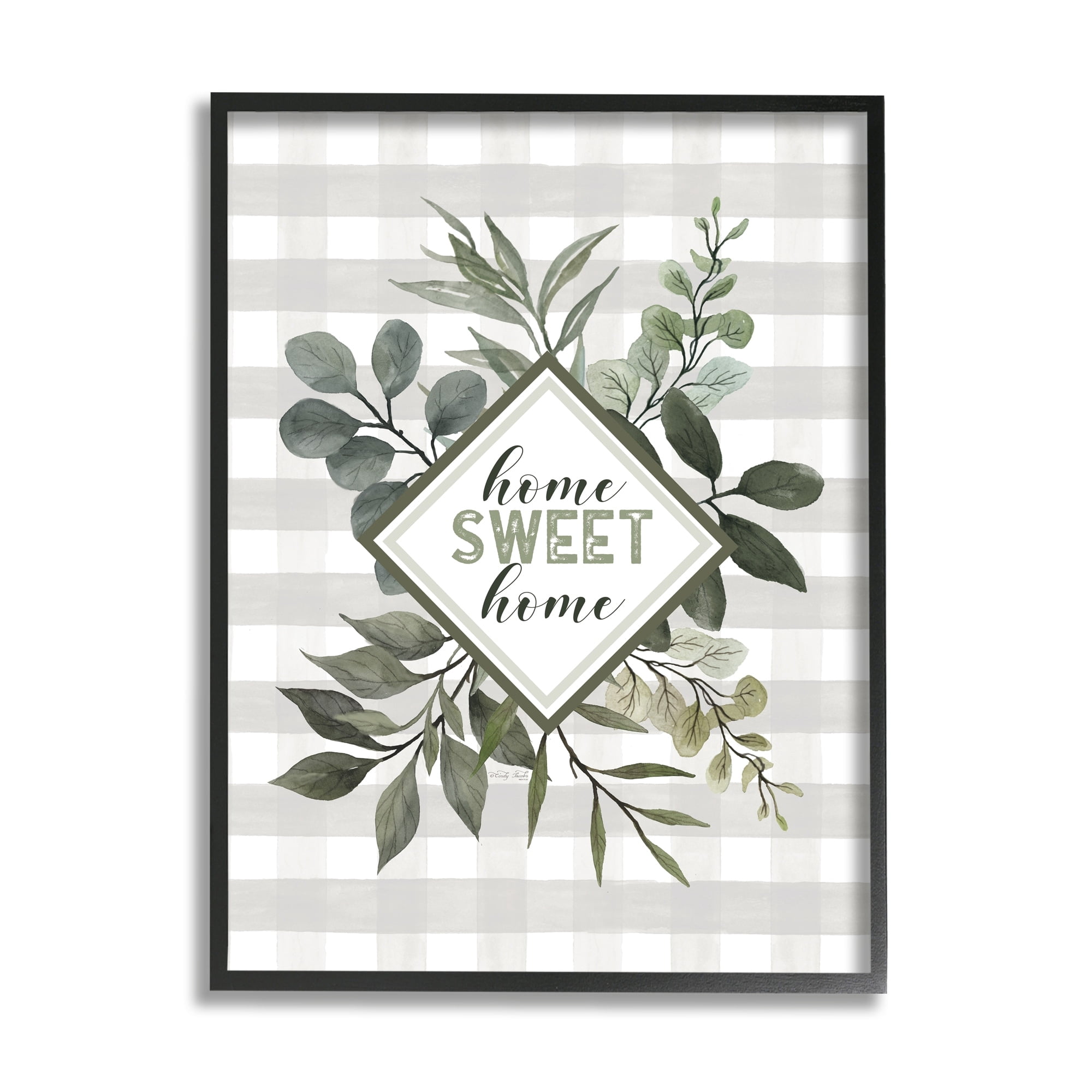 Stupell Industries Home Sweet Home Phrase Green Botanicals Plaid Pattern Graphic Art Black Framed Art Print Wall Art, 24x30, by Cindy Jacobs
