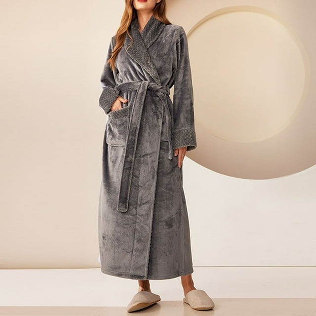 RXIRUCGD Peignoir Long pour Femme à Col Épaissi, Col Confortable, Robe de Nuit, Tenue d'Intérieur ( Gris, Taille : M )