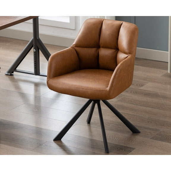 Guyou Modern Swivel Office Chair No Wheels, PU Leather Upholstered Desk Chair Armchair with Black Metal Legs for Living Room Bedroom Home Office, Brown