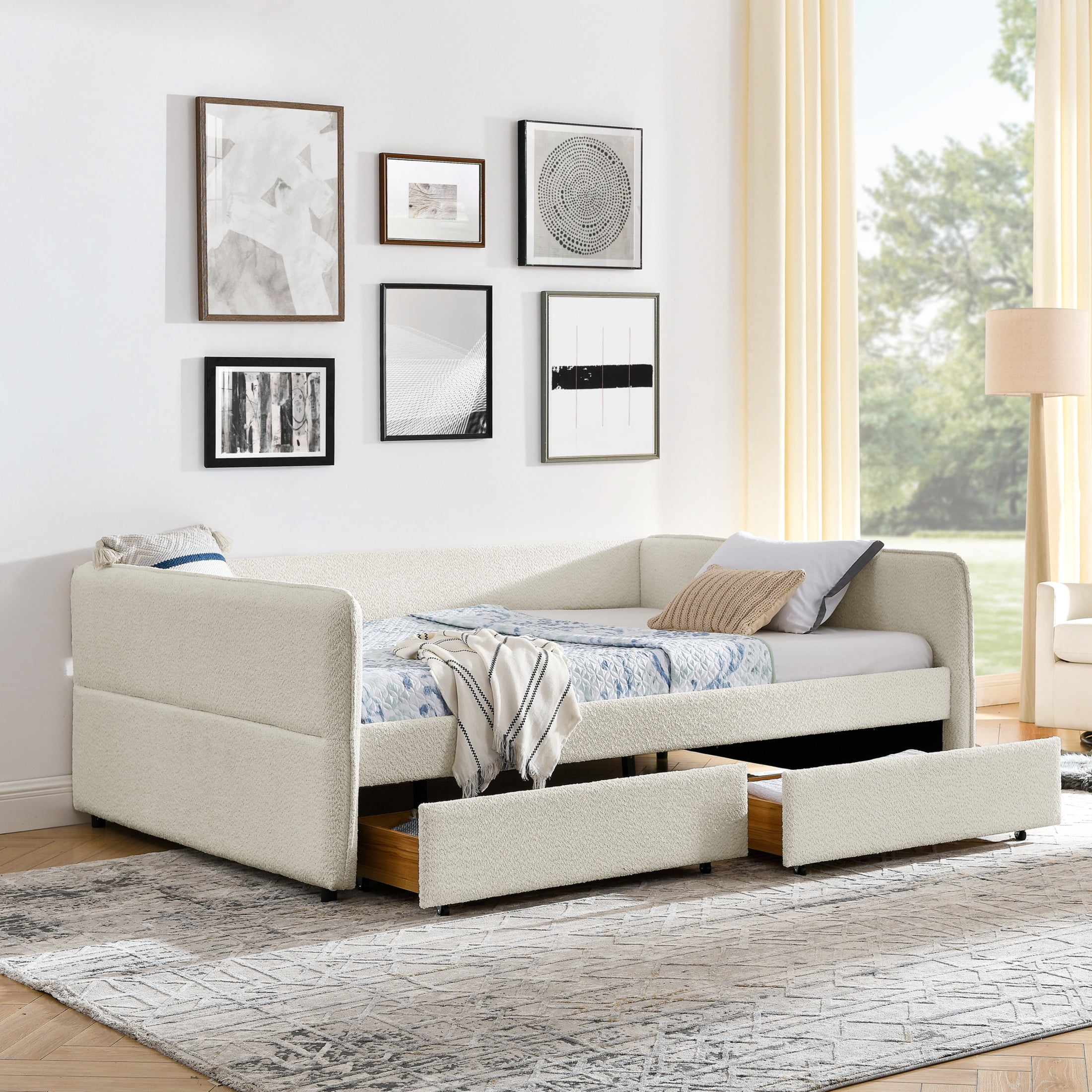 Noble House Kael Queen-Size Daybed with Storage Drawers, Tufted Boucle Sofa Bed Frame and Padded Backrest, Beige