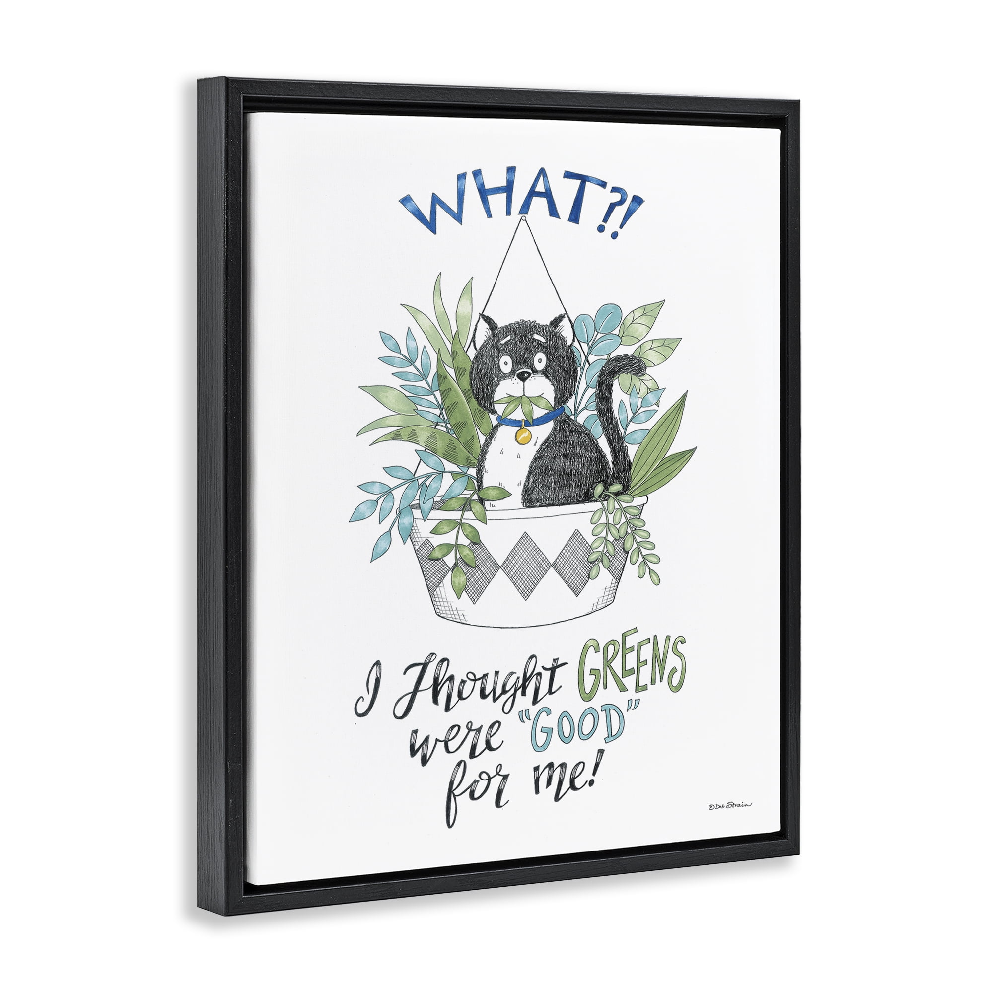 Stupell Industries Funny Cat Eating Plant Animals Painting Black Floater Framed Canvas Art Print Wall Art, 17 x 21
