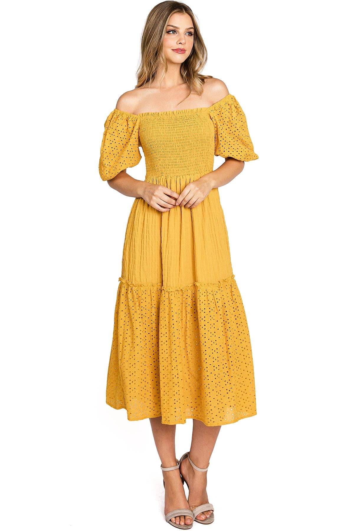 LOVE COLETTE Women's Summer Smocked Eyelet Midi Sun Dress (M, Mustard) -  Walmart.com