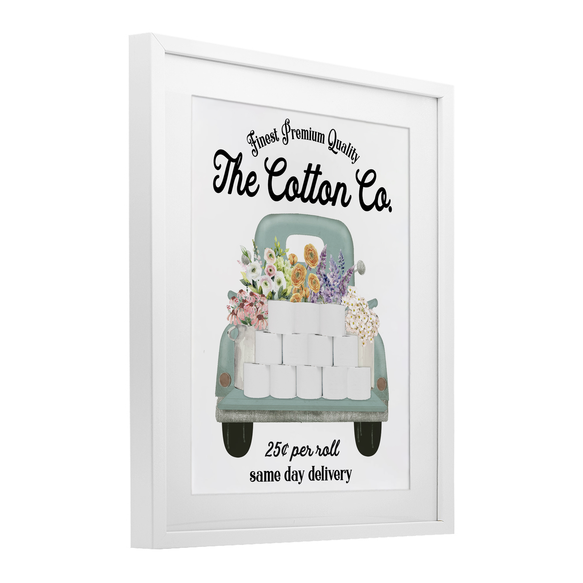 Toilet Paper Delivery Truck White Framed Print Under Glass, design by Lettered and Lined
