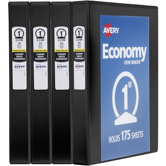 Avery Economy View 3 Ring Binders, 1" Round Rings, 4 Black Binders