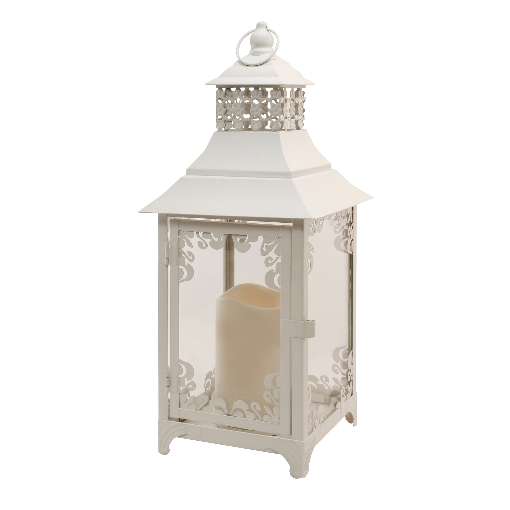 LumaBase Metal Lantern with LED Candle, White Swirl