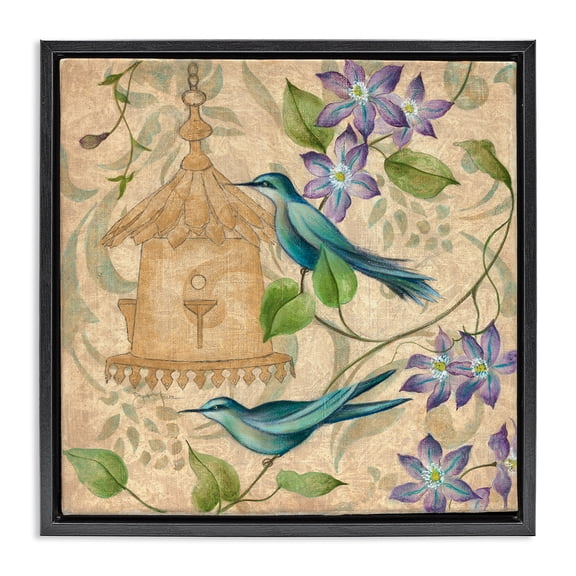 Stupell Industries French Country Spring's Song Bird Scene Black Floating Frame Canvas Art, 18 x 18, by Janet Tava