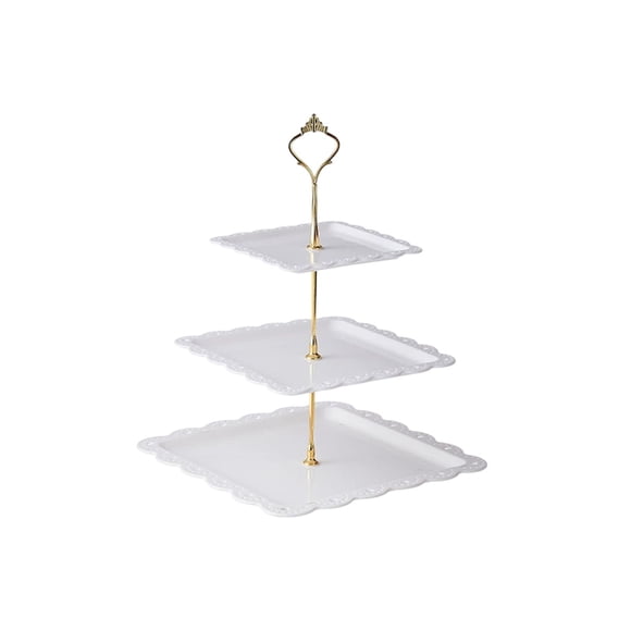 Square 3 Tier Dessert Stand with Handle, European Style Luxury Cake Stand for Parties, White and Gold Plastic Fruit Tray, Snack Holder for Coffee Table, Afternoon Tea, We