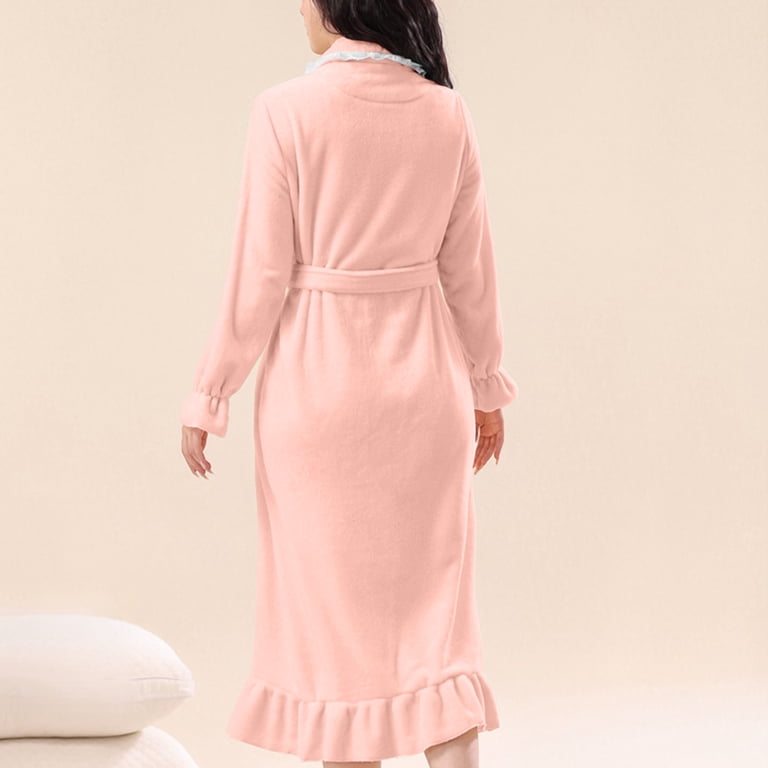 Ladies Robe With Ruffles Ladies Flannel Robes for Women Long Sleeve Ruffle Warm Basic Fall ...