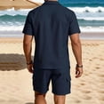 thumbnail image 5 of Eryao Big and Tall Mens Gym Set 2 Piece Button Down Short Sleeve Shirts Matching Drawstring Jogger Shorts with Pockets Summer Cotton Linen Lounge Sets,Navy,XL, 5 of 6