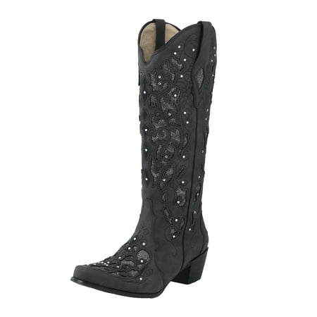 

HGWXX7 Cowboy Boots For Women Low Heel Studded Rhinestone Embroidered Rodeo Knee High Western Boots Shoes For Women Black 42