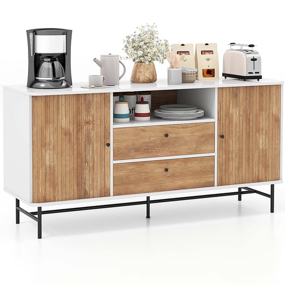Costway Aparador Buffet, Estación De Cafetería Moderna Con Puertas Corredizas Persiana Y 2 Cajones, Soporte Para TV Versátil Con Orificio Para Cables, Ideal Para Cocina, Comedor, Sala De Estar