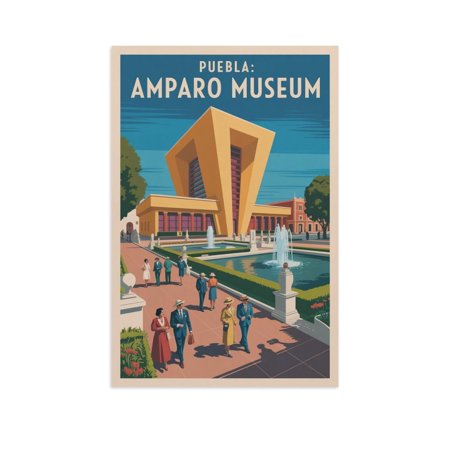 Midday Plaza Wall Art Amparo Museum Puebla Mexico Retro Travel Poster Modern Architecture Fountains Gardens Print Poster