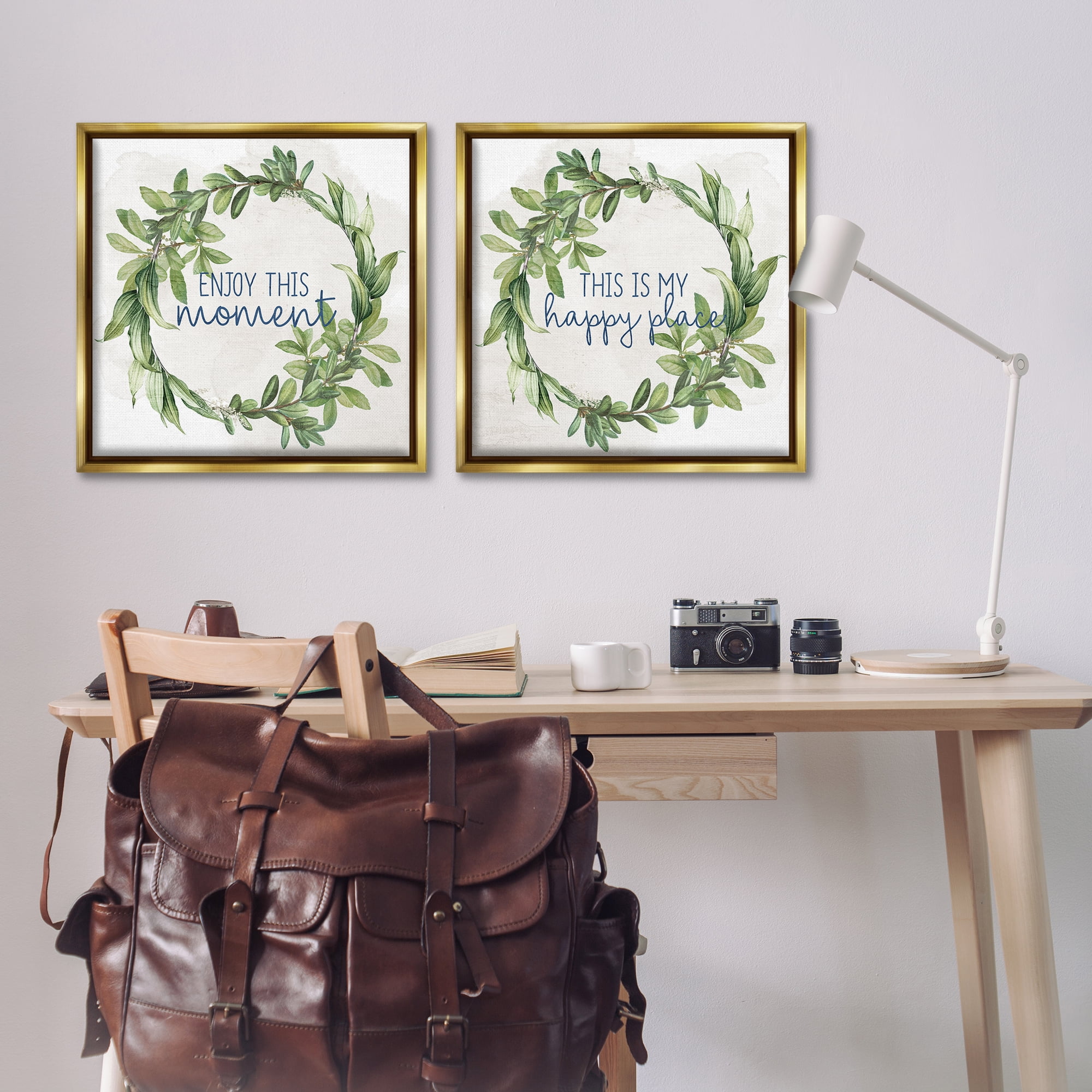 Stupell Industries Enjoy Happy Greenery Wreath Text & Numbers Painting Gold Floater Framed Canvas Art Print Wall Art, 25 x 25, Set of 2