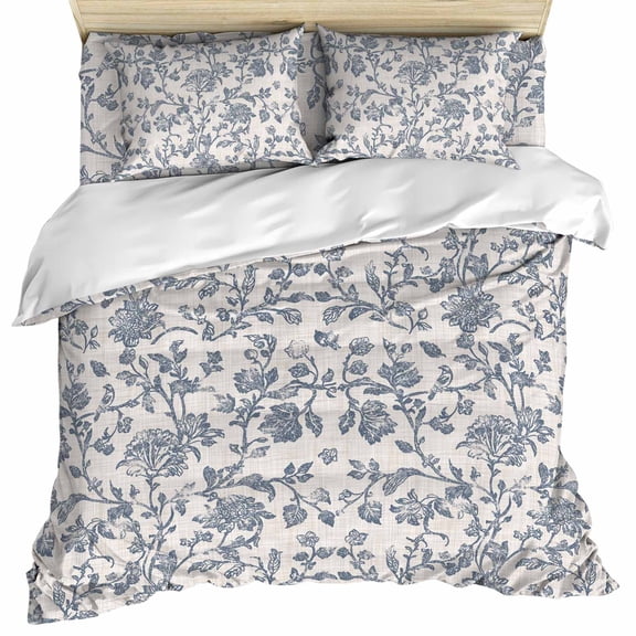 Blue Floral Duvet Cover Set, Farmhouse Vintage Flower Leaf Botanical Soft Duvet Cover Full Size Bedding Set 4 Pieces, 1 Quiltcover and 2 Pillowcases with Zipper, 1 Bed Sheet for All Seasons