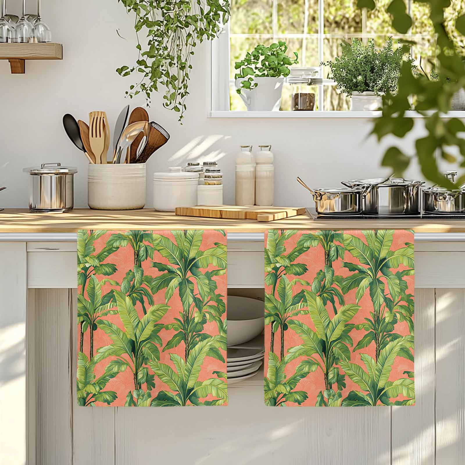 Palm Tree Tropical Kitchen Towels Set of 2, Pink Summer Green Botanical Soft Microfiber Dish Towels, Absorbent Quick-Dry Washable Dishcloths for Kitchen Cleaning, Drying Dishes, 18x28 Inches
