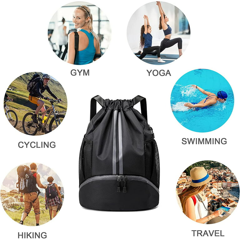 Swim Bag Sackpack, Lightweight Drawstring Backpack Training Gymsack with  Dry Wet Compartment, Waterproof Casual Bags for Gym Shopping Swimming Yoga  Sport (Black) 