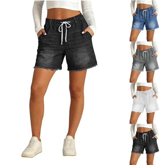 Pull On Elastic Jean Shorts for Women High Waisted Baggy Casual Denim Jorts Trendy Drawstring Summer Shorts Black 3XL