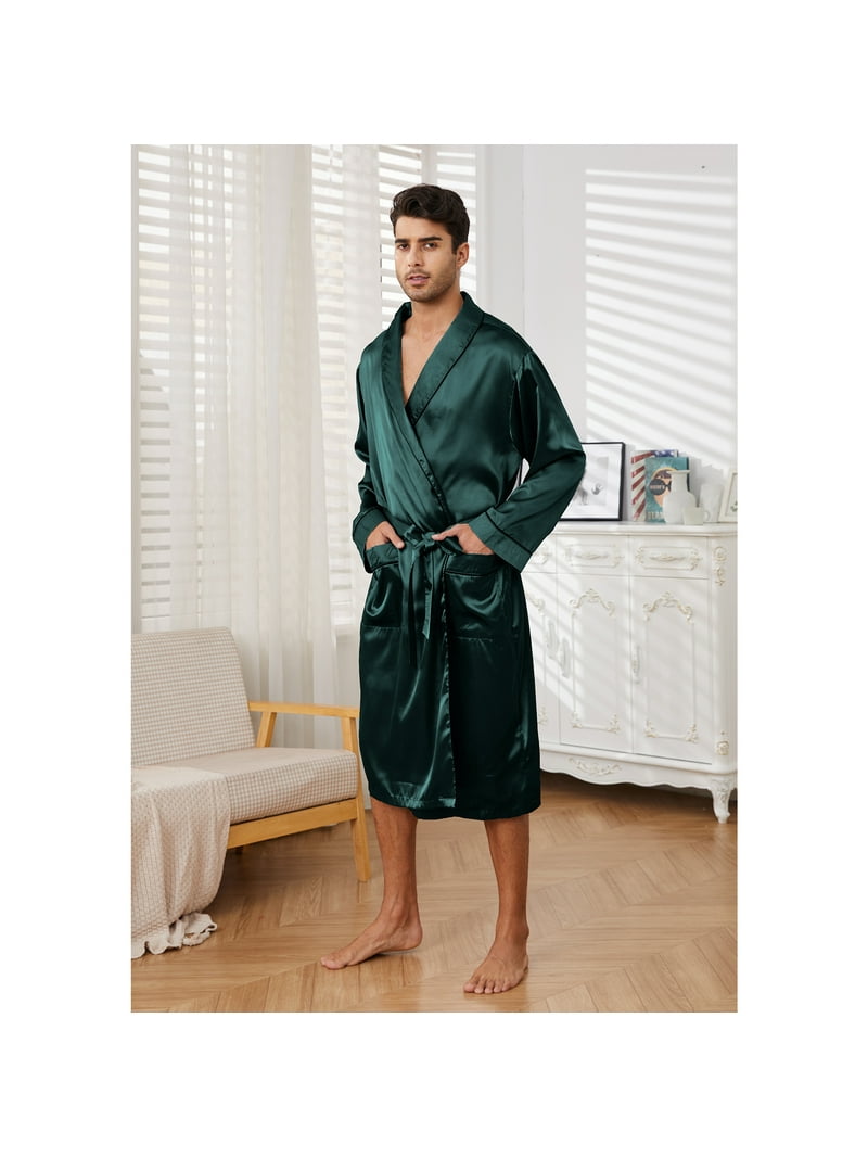 Bresdk Vestaglia Uomo Raso Manica Lunga Accappatoio Leggero Vestaglia Kimono Seta Pigiama Camicia da Notte da Uomo, Blu scuro 1, S