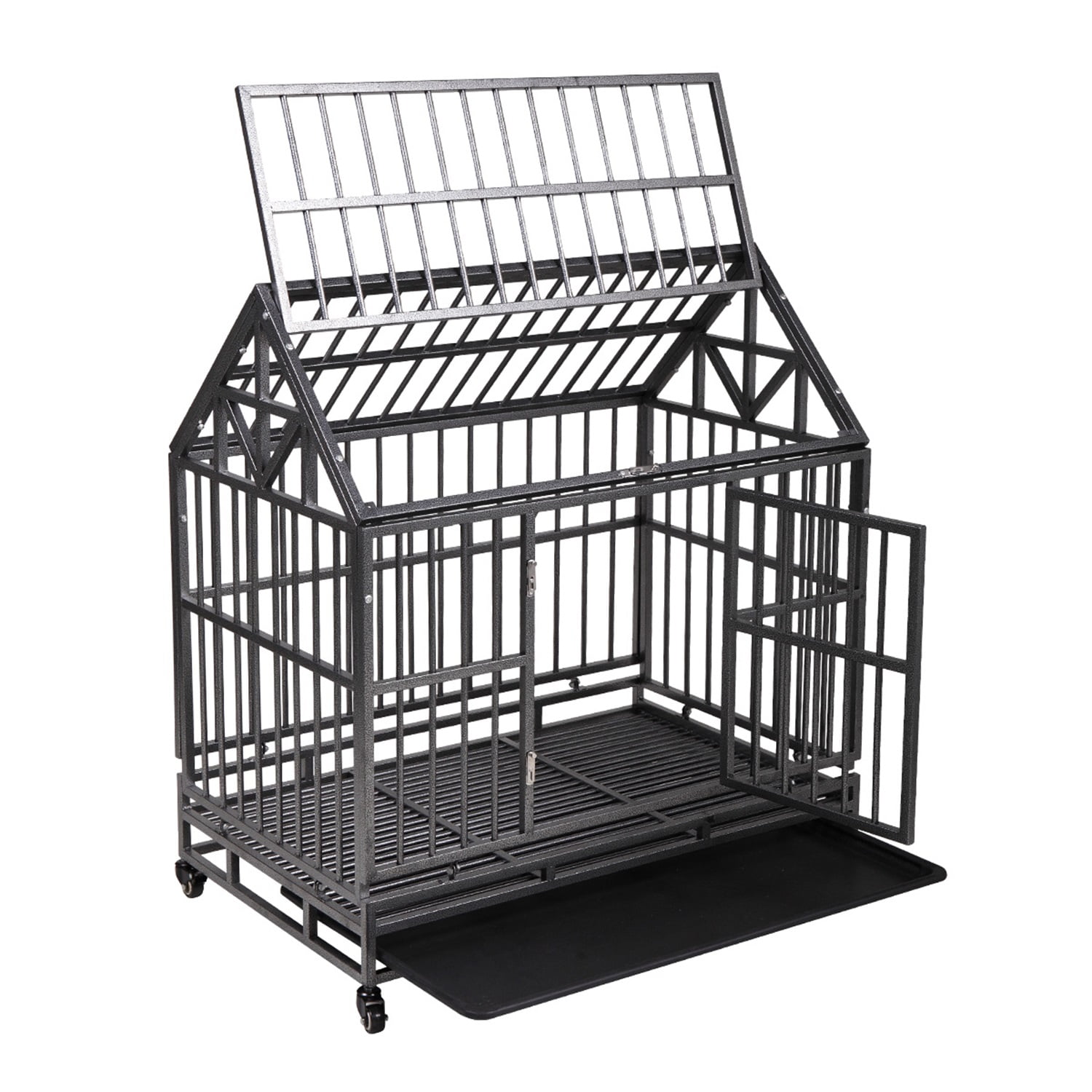 Pefilos 45" Large Dog Cage for Indoor Heavy Duty Metal Dog Crate Kennel with 4 Universal Wheels, Openable Pointed Top and Front Door, Black Pefilos 45" Large Dog Cage for Indoor Heavy Duty Metal Dog Crate Kennel with 4 Universal Wheels, Openable Pointed Top and Front Door, Black