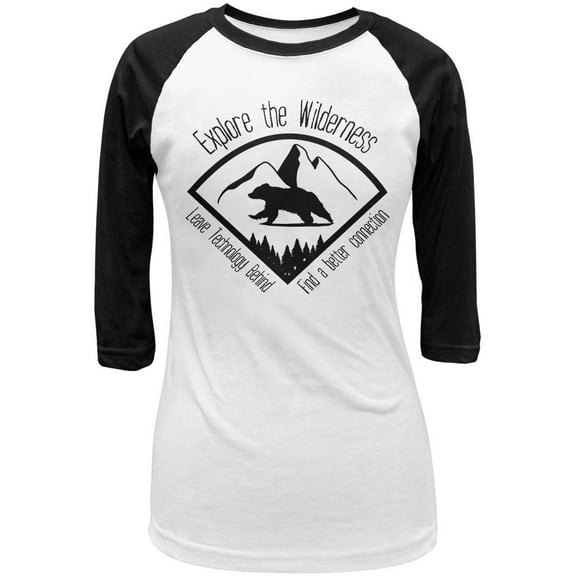 Explore The Wilderness No Wifi Better Connection Juniors 3/4 Sleeve Raglan T Shirt White-Black MD