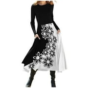 jovati Fashion Women Casual Long Sleeve O Neck Floral Printed Pachwork Dress