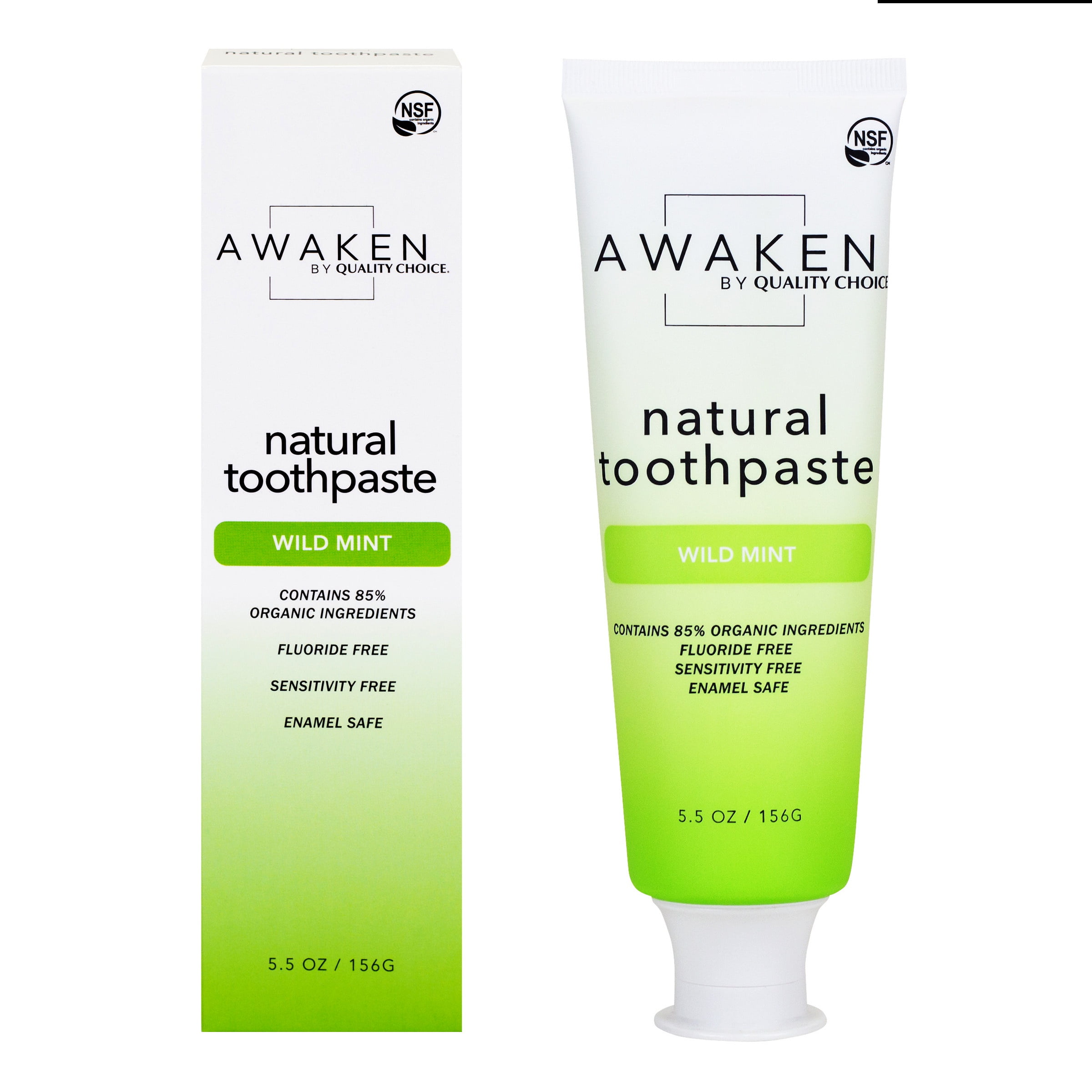 (4 pack) Awaken by Quality Choice Natural Toothpaste, Fluoride Free, Enamel Safe, Sensitivity Free, 85% Organic Ingredients, Wild Mint, 5.5 OZ