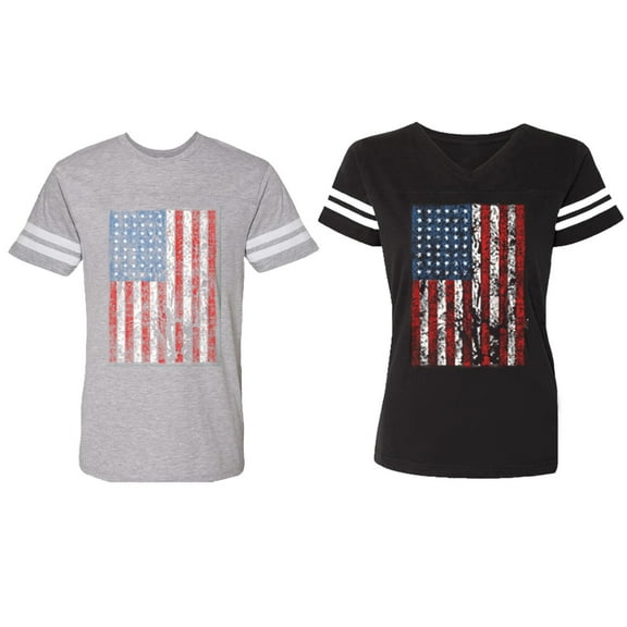 American Flag Matching Couple Cotton Jerseys (Men Heather / Women Black) (Men S / Women S)