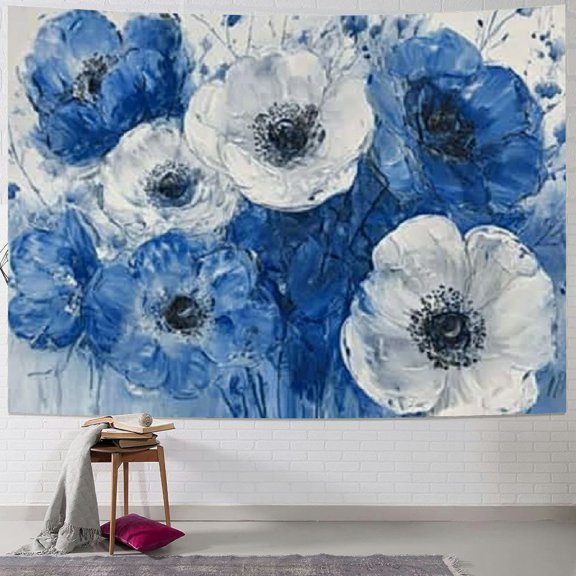 Patifu Flowers Blue White Tapestry Wall Hanging Unique Style Graphic Tapestries Home Wall Decor Art for Living Room Bedroom Apartment Farmhouse Dorm 40x30inch