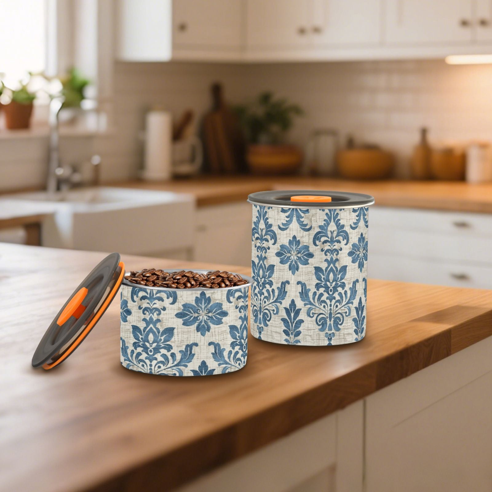 Blue Arab Damask Flower Airtight Coffee Bean Canister 30oz Food Storage Containers with Lids For Gournd, Tea, Sugar, Flour, Rice, Cereal, Candy Cookie Jar