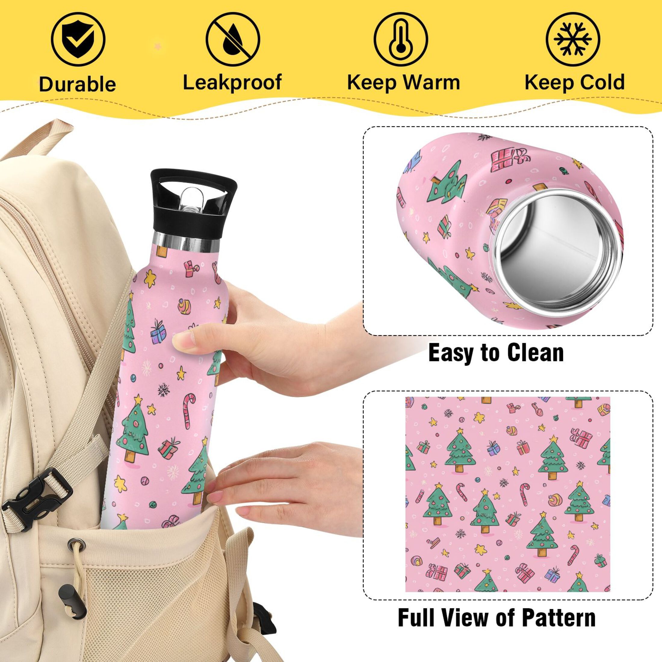 600ML Stainless Steel Insulated Cup Sports Water Bottle Portable Thermos Cup Water Glasses Insulated Tumblers Convenient and Durable Christmas Tree Seamless Cute